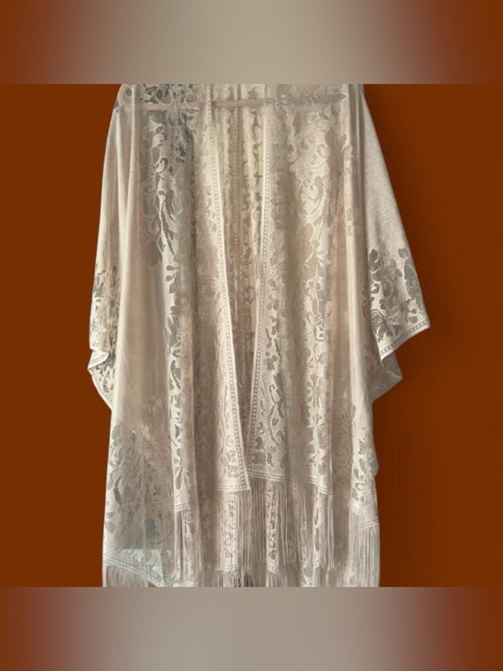 SHEIN Cream Lace Fringe Kimono Robe
